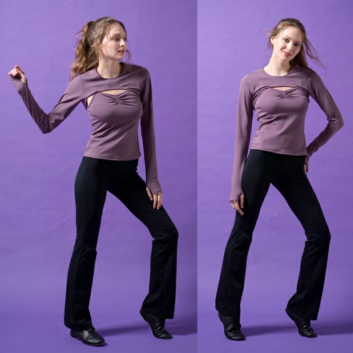 肌の露出をカバーし、肩を冷えから守る効果もある、デザイントップス