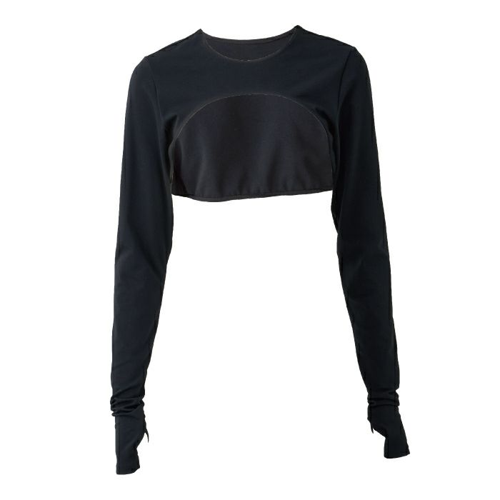 肌の露出をカバーし、肩を冷えから守る効果もある、デザイントップス